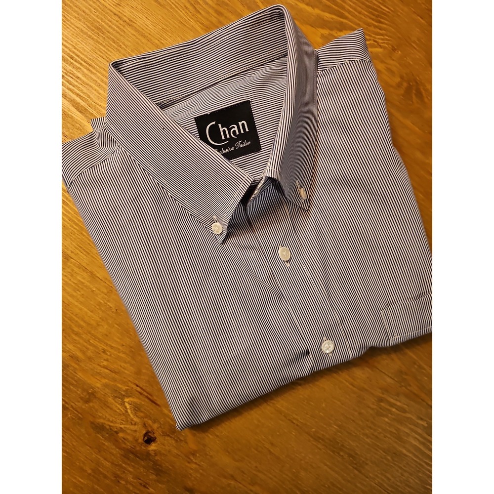 Chan Exclusive Tailor Men's Dress Shirt Custom Fit Blue White Micro Stripe...